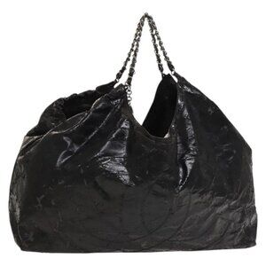 CHANEL Chain Shoulder Bag Coated Canvas Silver Black CC Auth kk553